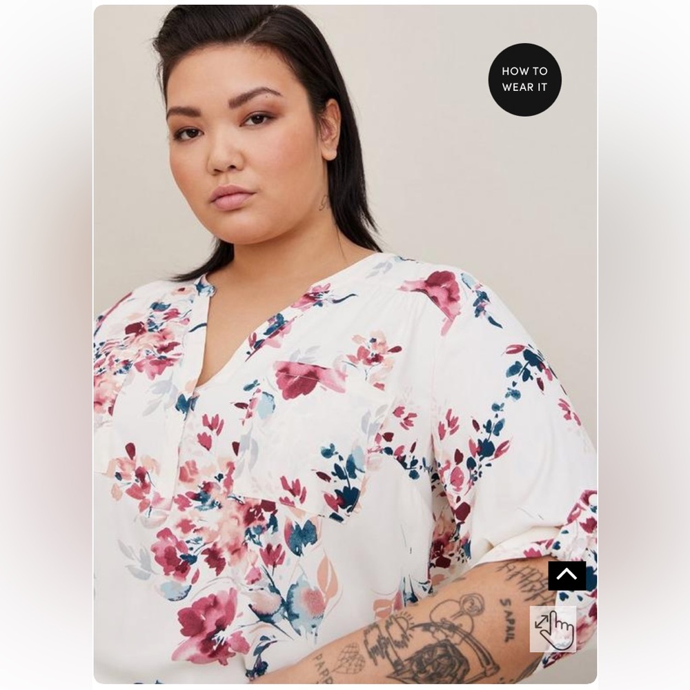 torrid White Floral V-Neck Blouse with Pink and Teal Accents